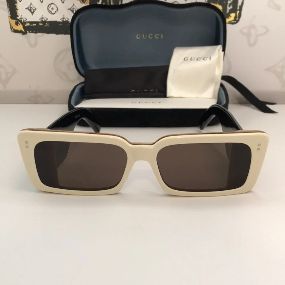 Gucci GG0543S 002 Ivory Black Oversized Rectangular Sunglasses Brown Lens